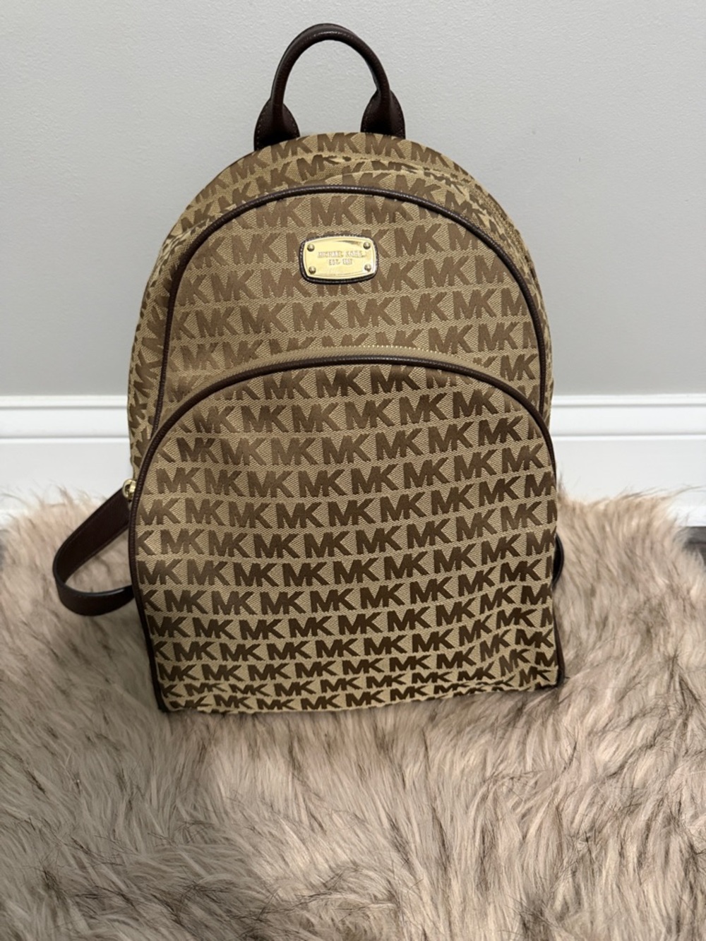 Michael Kors Tan and Brown MK Monogram Backpack